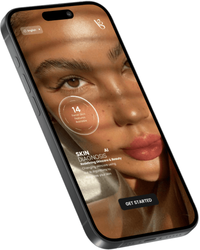 A smartphone displaying a skin diagnosis app interface with a close-up of a person's face.